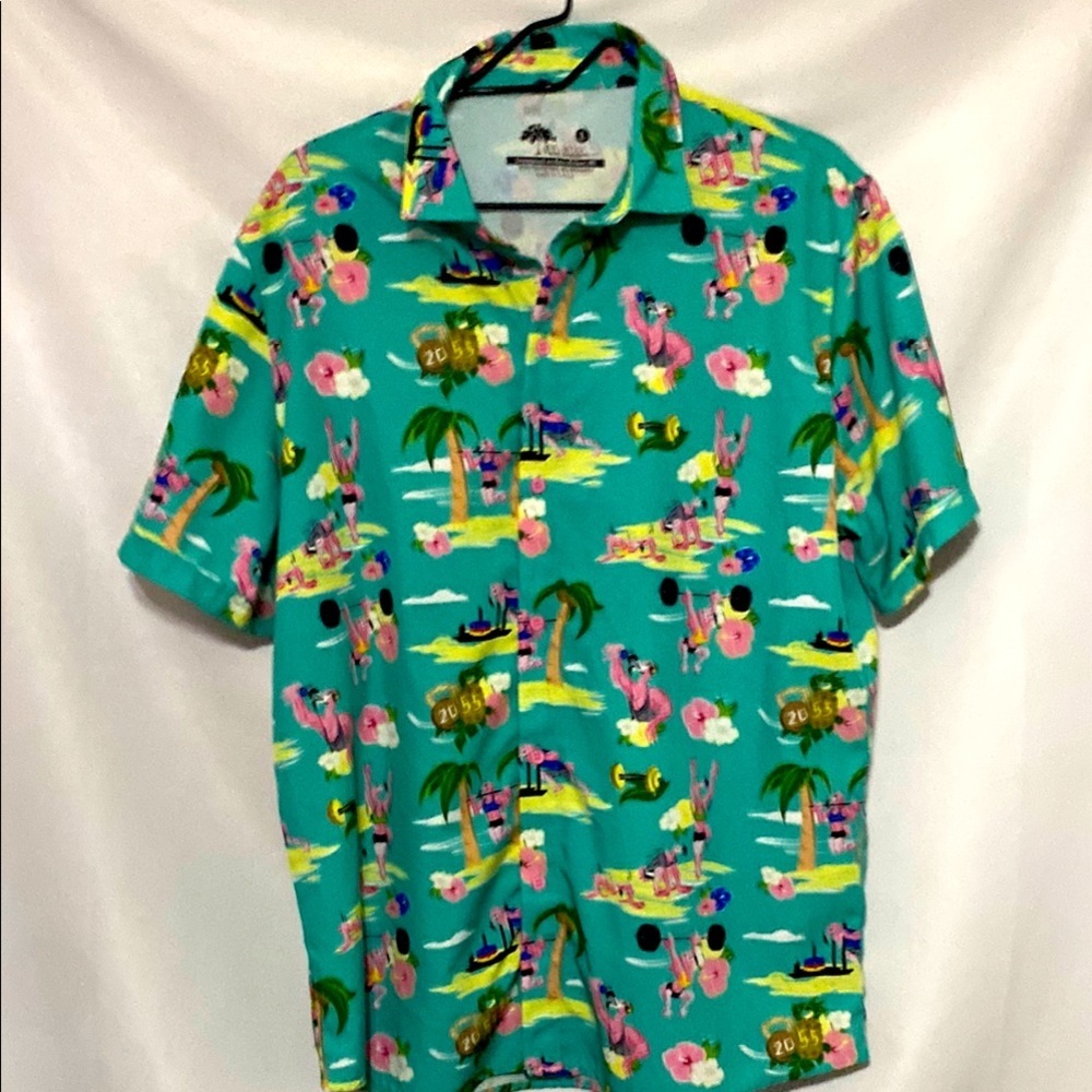Ann Arbor‎ T-Shirt Company size large SHIRT TURQUOISE W/ WEIGHTLIFTING FLAMINGOS